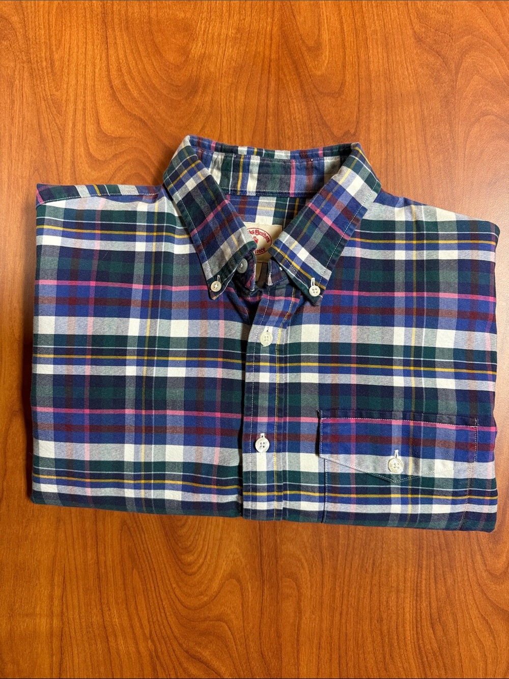 Brooks Brothers Button-Down Plaid Shirt in Blue, Green & White - Long Sleeve